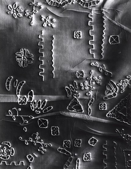 Klea McKenna, Anonymous (2), 2018
Gelatin silver print; unique photogram with impression, 14 x 11 in. (35.6 x 27.9 cm)
Impression of a hand embroidered cutwork sampler. United States, 1910s.
7707