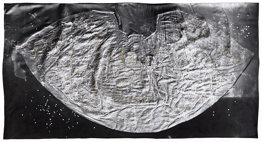 Klea McKenna, La China Poblana (1), 2018
Toned gelatin silver print; unique photogram with impression, 41 1/2 x 78 in. (105.4 x 198.1 cm)
Impression of a handmade skirt, heavily sequined with an eagle and snake emblem. Mexico, made 1920s, altered in 1940s.
7708