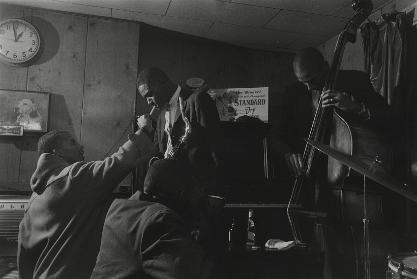 Paul J. Hoeffler, Late Night at the Phythod Club, Pee Wee Ellis & Ron Carter, 1958
Gelatin silver print; printed later, 13 x 19 in. (33 x 48.3 cm)
A wonderful, early image of bassist Ron Carter (b. 1937), one of the top bassists in jazz history, and the most-recorded jazz bassist ever. Pee Wee Ellis (b. 1941), a saxophonist who, despite a long career in jazz, is best known as a member of James Brown's band in the '60s, appearing on many recordings and co-writing hits like "Cold Sweat" and "Say It Loud . . ." Signed by the photographer. (A smaller print is available, see [7378])
7377
Sold