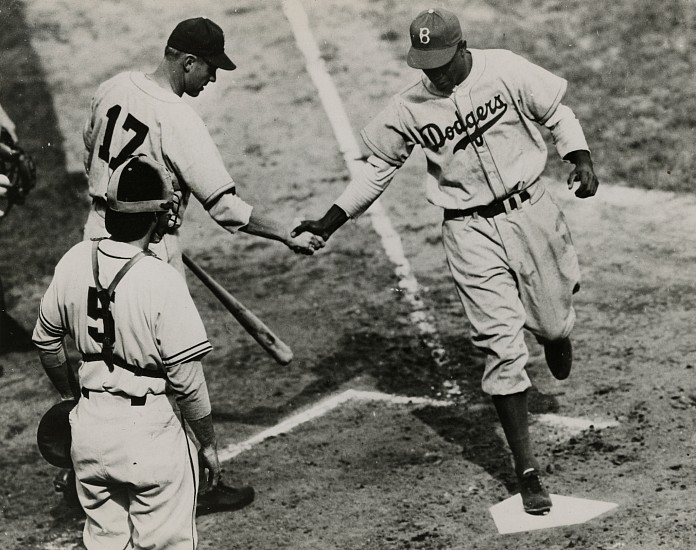 Tom Watson, Jackie Robinson's first Major League home run, April 18, 1947
Vintage gelatin silver print, 6 5/8 x 8 1/4 in. (16.8 x 21 cm)
Annotated "Robinson scoring" and numbered in pencil with International News Photo agency stamp on print verso.
Illustrated: Daily News, April 19, 1947, back cover.
8501