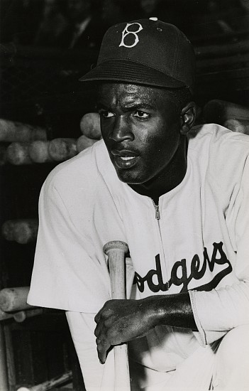 Irving Haberman, Jackie Robinson crosses the Color Line (first day in the Major Leagues), April 15, 1947
Vintage gelatin silver print, 13 1/2 x 8 5/8 in. (34.3 x 21.9 cm)
Stamped with photographer's "Eyewitness Photos" stamp on print verso.
8500