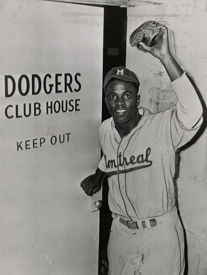 Unidentified photographer, Jackie Robinson, Rickey Opens the Door, April 11, 1947
Vintage gelatin silver print, 8 1/4 x 6 1/4 in. (21 x 15.9 cm)
Vintage copy print with handwork 
Stamped with date "1947 APR 11 AM 11:18" by The Cleveland News and "Jackie Robinson" and other notations in red pencil on print verso.
Illustrated: Negro Heroes. National Urban League and Delta Sigma Theta sorority, Summer 1948. Comic book with original wrappers, last page.
8470