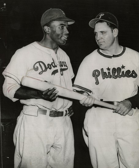 Unidentified photographer, Jackie Robinson and Ben Chapman, May 9, 1947
Vintage gelatin silver print, 8 1/2 x 7 in. (21.6 x 17.8 cm)
Vintage copy print with retouching.
Titled in pencil with International News Photos stamps on print verso.
8481
