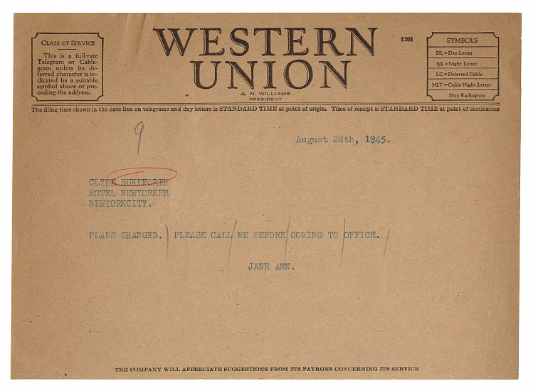 Telegram from Branch Rickey To Clyde Sukeforth, the morning of the first meeting between Rickey and Robinson, August 28, 1945
Ink on paper, 5 3/4 x 8 in. (14.6 x 20.3 cm)
Provenance: Branch Rickey; by descent to his grandson.
8508