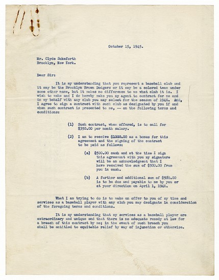 Don Newcombe's contract and supporting notes, October 15, 1945
Ink on paper, 11 x 8 1/2 in. (27.9 x 21.6 cm)
6 sheets of paper, sizes down to 5 1/2 x 8 in.
Provenance: Branch Rickey; by descent to his grandson.
8512