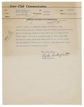 Work:&nbsp;Calvin Irvin Scouting Report by Clyde Sukeforth, sent to Branch Rickey
