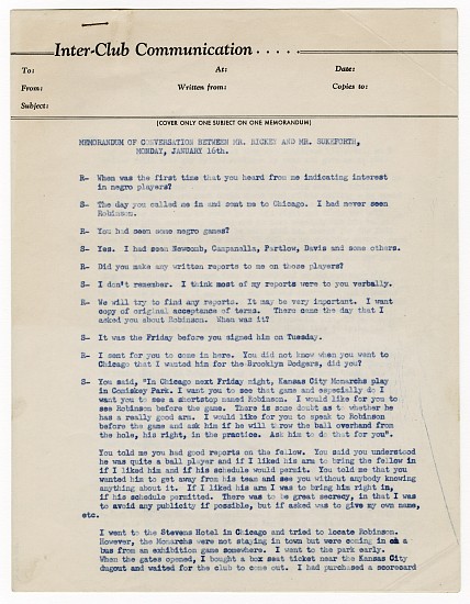 Transcript of Conversation between Branch Rickey and Clyde Sukeforth recounting events of August 28, 1945 and Robinson's first day as a Dodger, January 16, 1946
Ink on paper, 11 x 8 1/2 in. (27.9 x 21.6 cm)
5 pages, stapled
Provenance: Branch Rickey; by descent to his grandson.
8513