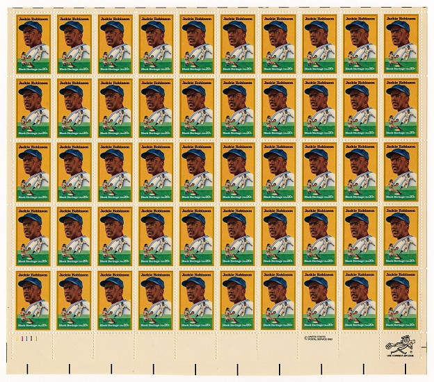 Jackie Robinson, US Postal Service Black Heritage Series postage stamps, 1982
Letterpress, 8 15/16 x 10 3/16 in.
a full pane

Reproducing the J.R. Eyerman photograph that was used originally on the cover of LIFE, May 8, 1950

8516