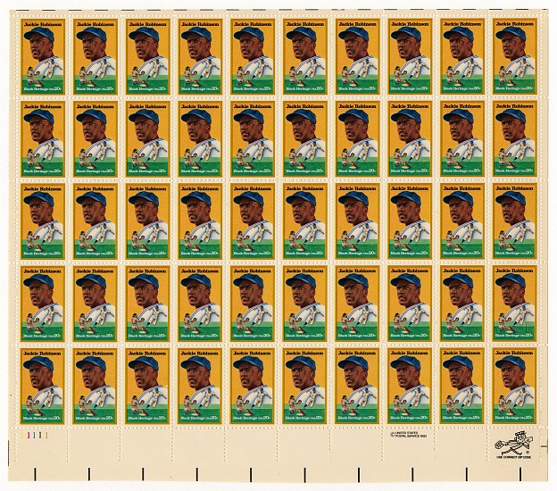 Jackie Robinson, US Postal Service Black Heritage Series postage stamps, 1982
Letterpress, 8 15/16 x 10 3/16 in. (22.7 x 25.9 cm)
a full pane

Reproducing the J.R. Eyerman photograph that was used originally on the cover of Life, May 8, 1950.

8516