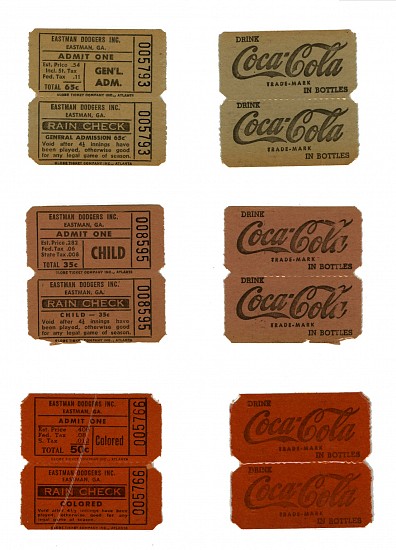 Eastman Dodgers admission tickets, colored section and white section tickets, c. 1948-1953
2 x 2 1/16 in. (5.1 x 5.2 cm)
3 tickets including rain check
Each 2 x 2 1/16 in. (5.1 x 5.2 cm.)
8484