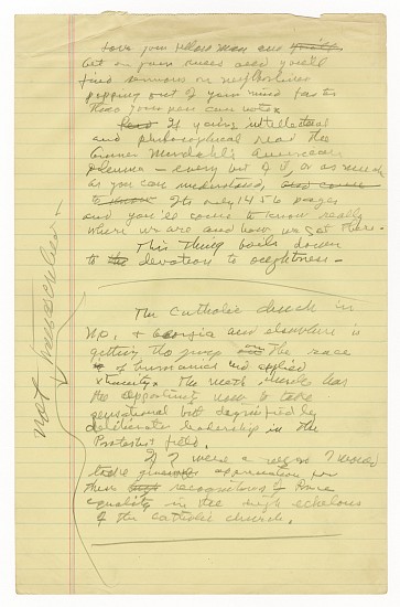 Branch Rickey’s personal notes, possibly for the speech he gave on November 13, 1965 at the Daniel Boone Hotel, Columbia, Missouri, during which Rickey suffered a stroke and never regained consciousness, c. 1965
Graphite and ink on paper, 13 1/4 x 8 1/2 in. (33.7 x 21.6 cm)
6 sheets
8515