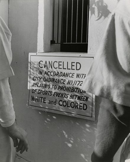 J. R. Eyerman, Cancelled-sports events between White and Colored, c. 1950
Vintage gelatin silver print, 9 1/4 x 7 1/2 in. (23.5 x 19.1 cm)
Descriptive title typed archive labels, photographer's credit stamp, Time/Life credit and file stamps in ink and Time Inc, Picture Collection labels verso.
5731