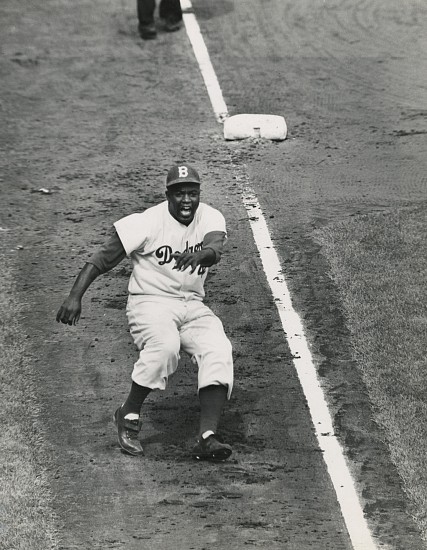 Ralph Morse, Jackie Robinson rounding third base, World Series, 1955
Early gelatin silver print, 13 3/8 x 10 1/2 in. (34 x 26.7 cm)
Titled and dated in crayon, credit and LIFE collection stamps in ink verso. Issue usage dates noted in crayon verso.
5733
