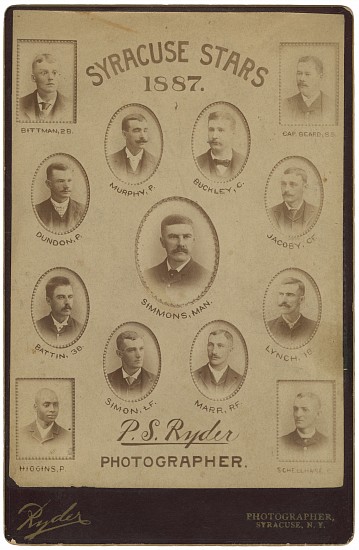 Philip S. Ryder, Syracuse Stars, 1887, July
Vintage albumen print, 5 11/16 x 4 in. (14.4 x 10.2 cm)
Cabinet card. Mount 6 7/16 x 4 3/16 in.
8472