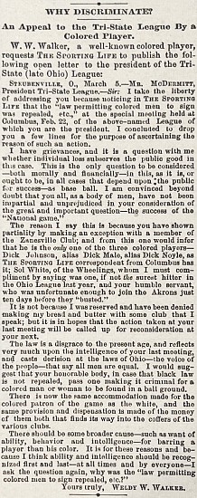 "Why Discriminate?" An Open Letter from Weldy Walker, March 14, 1888
Newspaper
Original bound volume of Sporting Life, April 13, 1887–April 4, 1888.
8544