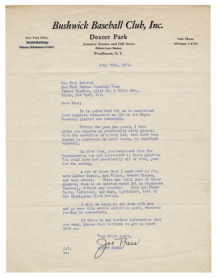 Letter from Joe Press to Paul Krichell, July 20, 1949
Ink on paper, 11 x 8 1/2 in. (27.9 x 21.6 cm)
8511
