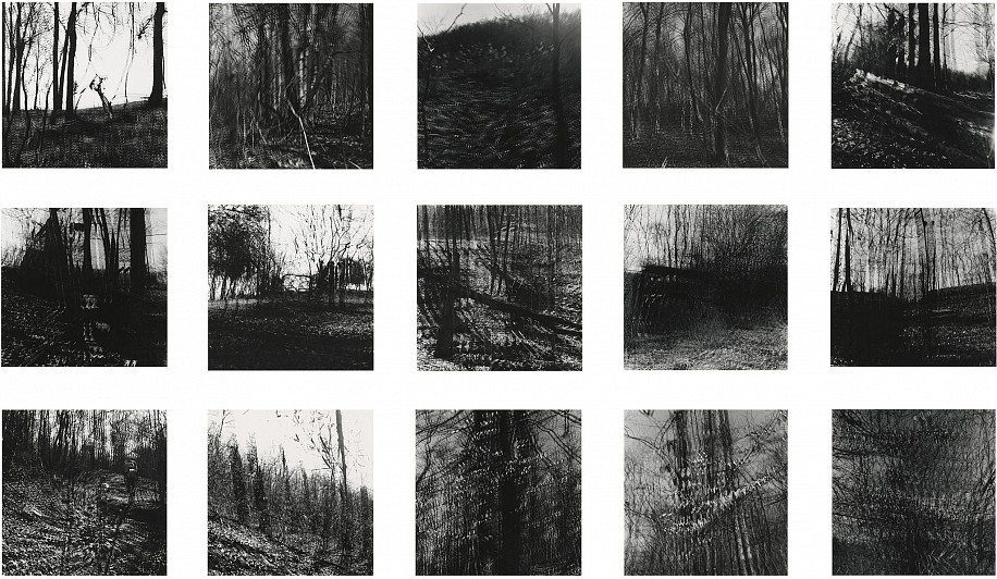 Ralph Eugene Meatyard, Common Open Spaces and Footpath Preservation Society, 1969
15 vintage gelatin silver prints
Image sizes range from 5 13/16 - 5 7/8 x 5 11/16 - 5 13/16 in. Printed with small white margins and trimmed to sizes range from 6 3/4 - 6 13/16 x 6 11/16 - 6 3/4 in. Mounted to 2 ply mat board 11 1/2 x 9 5/8. 
Each print titled and numbered sequentially in ink and stamped on mount verso [first image has the full title and the rest have an abbreviation].
Image 11 illustrated: Gassan, Arnold and Wendell Berry. Ralph Eugene Meatyard. Gnomon Press, 1970, pl. 22.
8433
$30,000